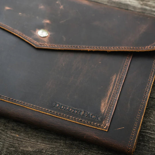 Heritage Leather Business Portfolio close up lifestyle with a wood background