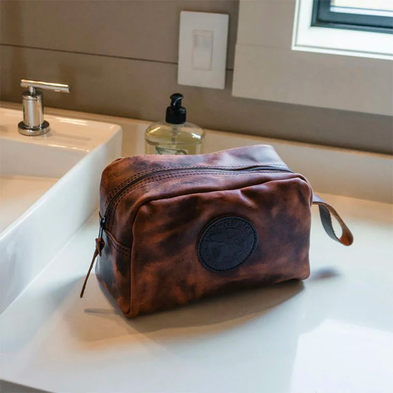 Heritage Leather Kit Bag on Bathroom Counter