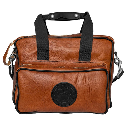 Duluth Pack Bison Leather Range Bag with black trim with white background