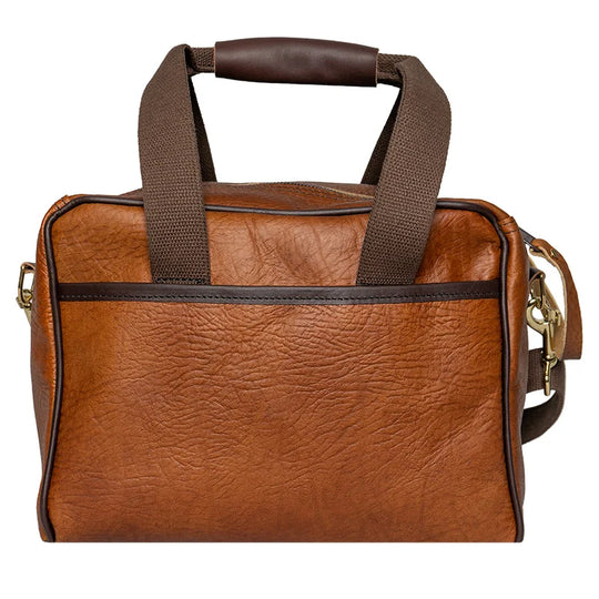 Duluth Pack Bison Leather Range Bag rear view with black trim with white background
