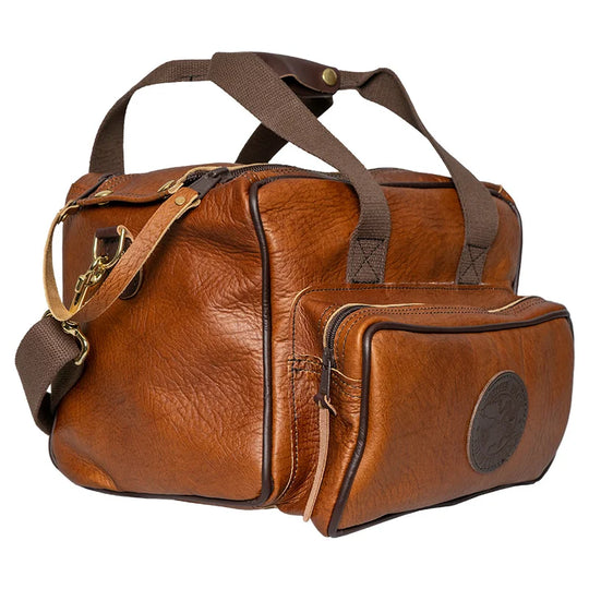 Duluth Pack Bison Leather Range Bag side view with black trim with white background