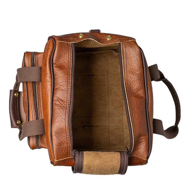 Duluth Pack Bison Leather Range Bag top view with brown trim with white background