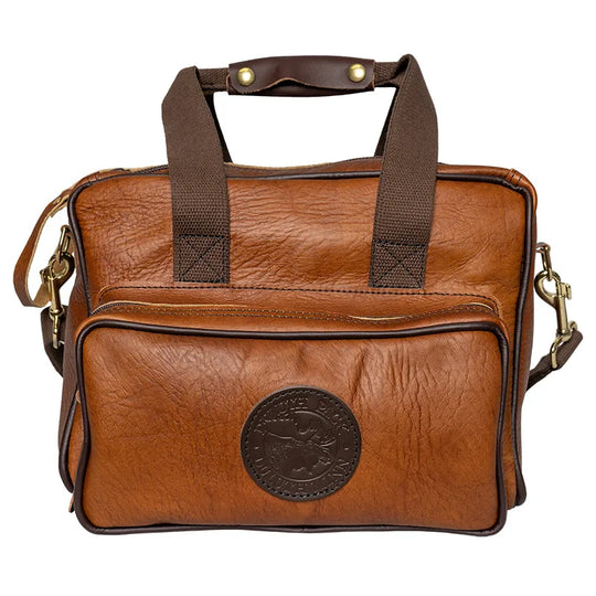 Duluth Pack Bison Leather Range Bag with brown trim with white background
