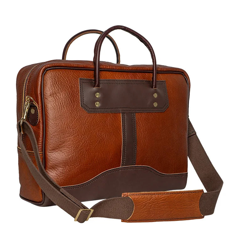 Duluth Pack Bison Leather Computer Briefcase quarter view with white background