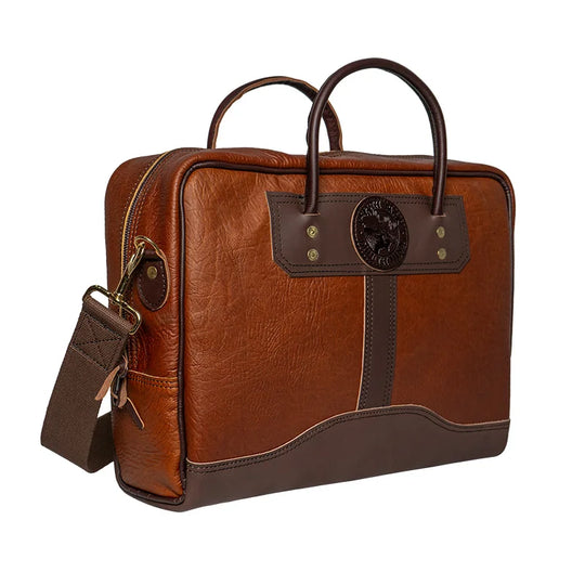 Duluth Pack Bison Leather Computer Briefcase in quarter view with white background