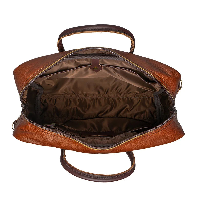 Duluth Pack Bison Leather Computer Briefcase top view with white background