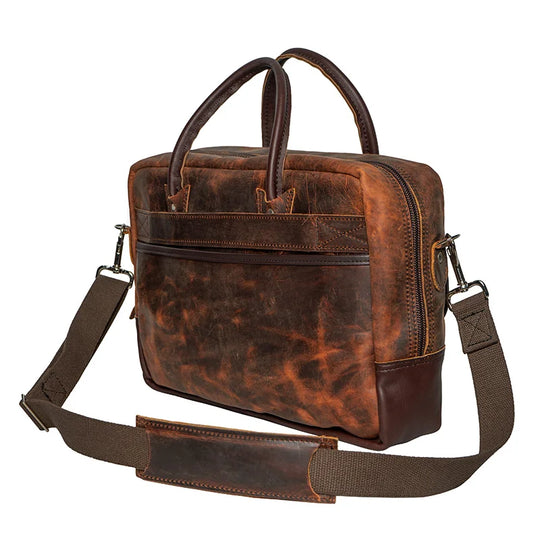 Heritage Leather Freelance Briefcase side view with a white background