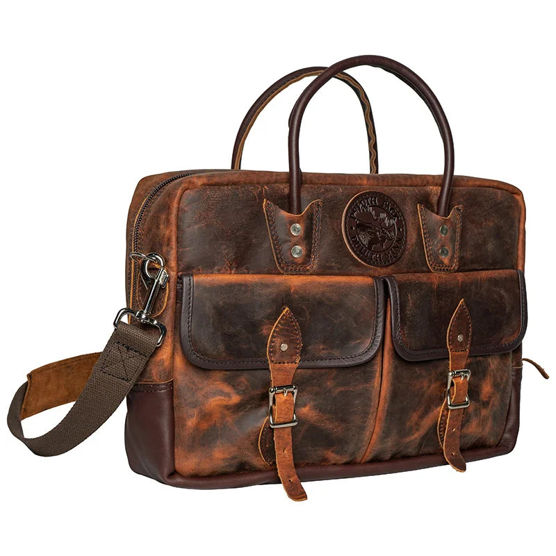 Heritage Leather Freelance Briefcase side view with a white background
