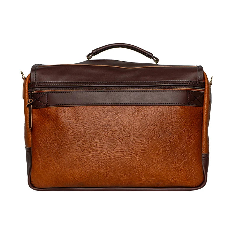 Duluth Pack Bison Leather Entrepreneur Briefcase with back of bag with brown trim with white background