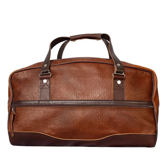Duluth Pack Bison Leather Weekender Duffel in the back in brown with white background