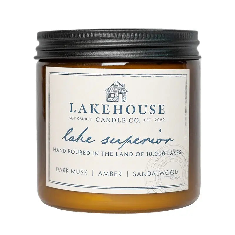 Lakehouse Candle Company Soy Candle in lake superior with dark musk, amber, sandalwood with a white background