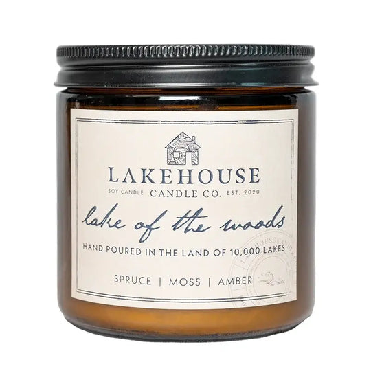 Lakehouse Candle Company Soy Candle in lake of the woods with spruce, moss, amber with a white background