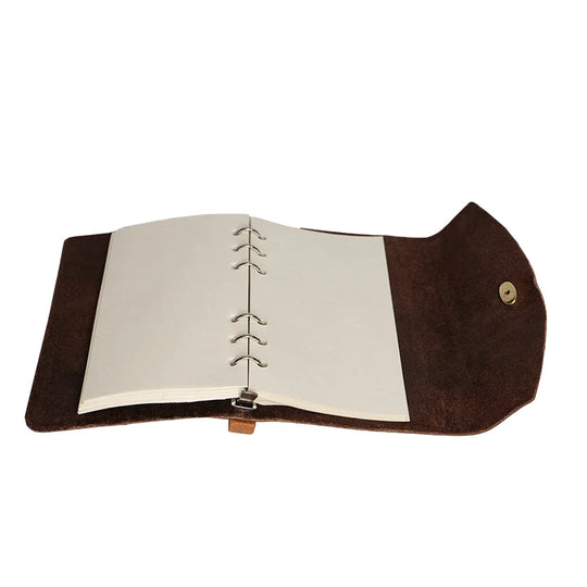 Loose Leaf Button Closure Leather Journal open with white background