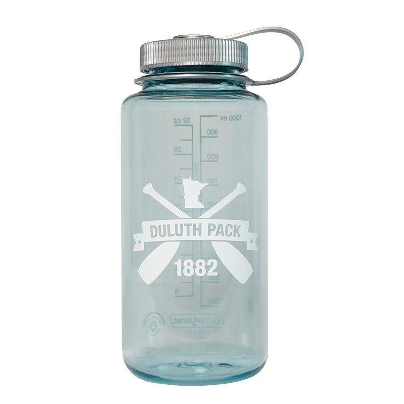 Seafoam Nalgene Water Bottle with cross canoe paddles Duluth Pack logo on it on a white background