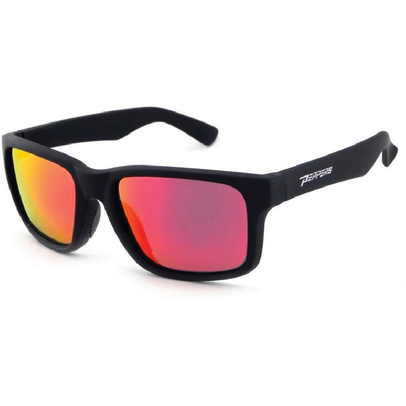 Black sunglasses with red lenses on a white background