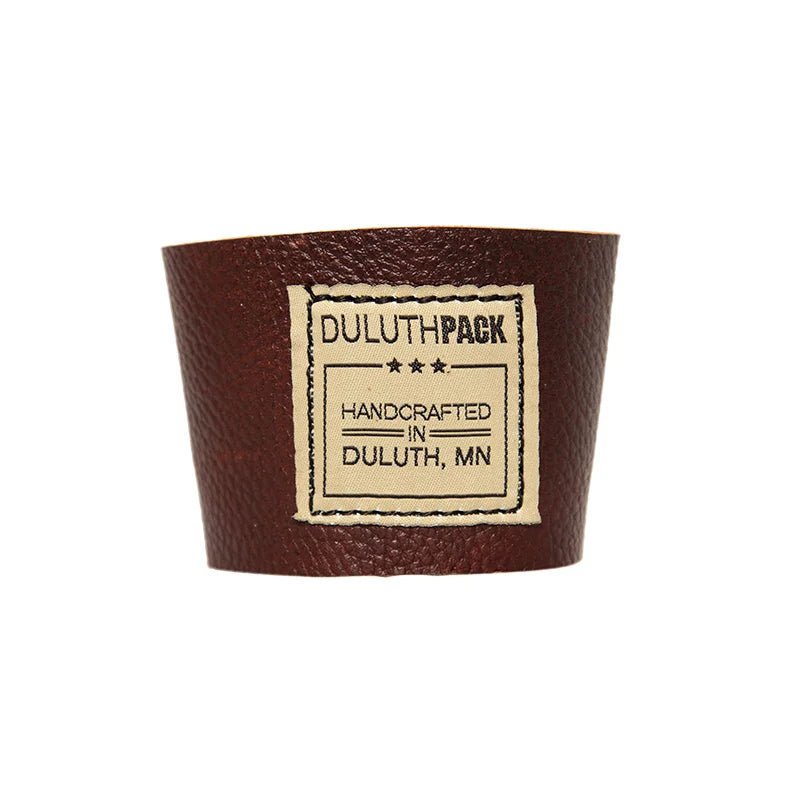 Leather Pint Glass Sleeve in rich brown premium American leather, handmade by Duluth Pack for durable, comfortable outdoor use.