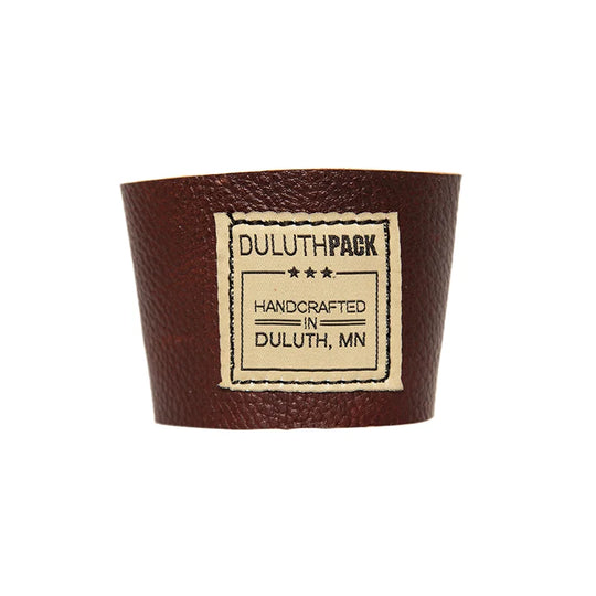 Leather Pint Glass Sleeve in rich brown premium American leather, handmade by Duluth Pack for durable, comfortable outdoor use.