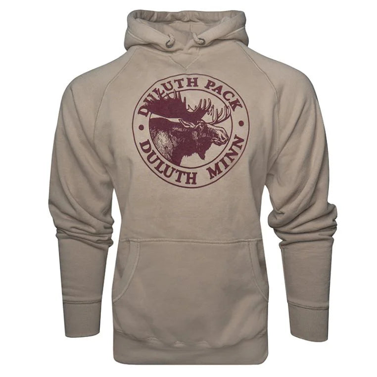 Duluth Pack Logo Sweatshirt in tan with iconic maroon logo, made by LAKESHIRTS, INC., featuring a comfortable hooded design ideal for outdoor apparel enthusiasts.