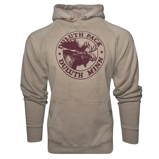 Duluth Pack Logo Sweatshirt in tan with iconic maroon logo, made by LAKESHIRTS, INC., featuring a comfortable hooded design ideal for outdoor apparel enthusiasts.