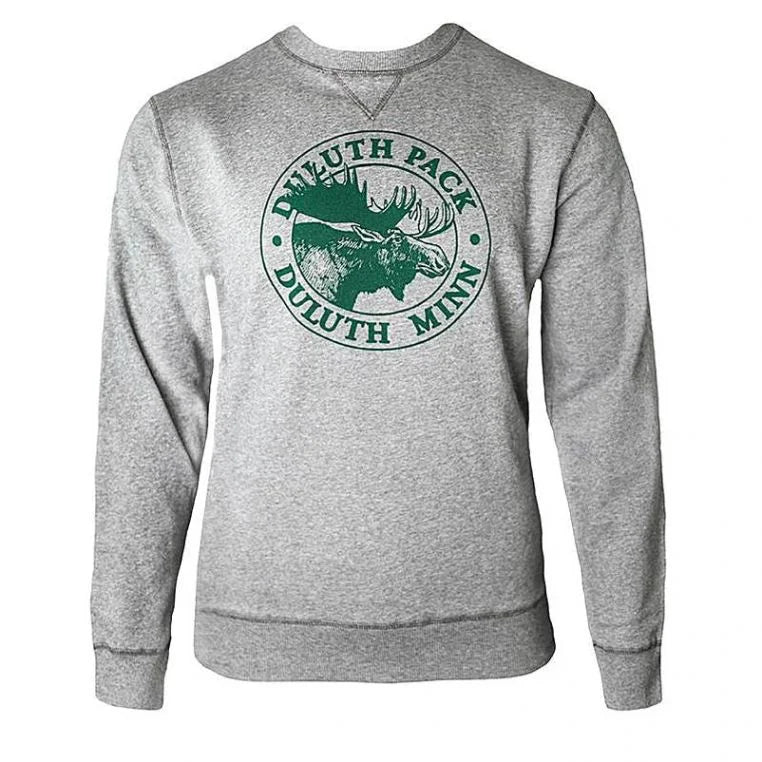 Duluth Pack Logo Crewneck in grey with iconic green moose logo, comfortable loose fit sweatshirt for casual outdoor wear by LAKESHIRTS, INC.