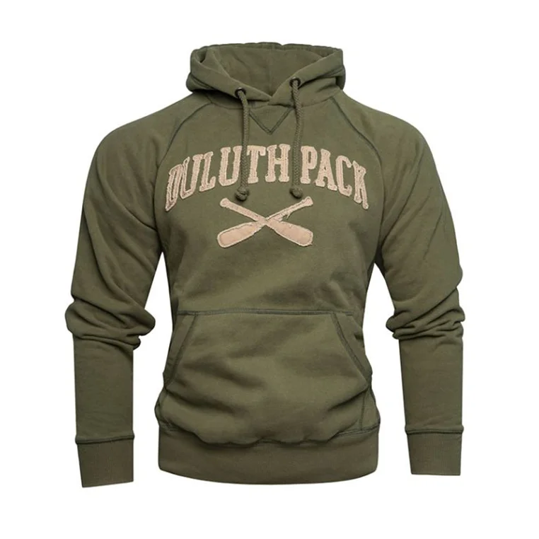 X-Paddle Raw Edge Hooded Sweatshirt in olive green with paddle design, crafted by LAKESHIRTS, INC. for durable outdoor apparel and rugged adventure use.