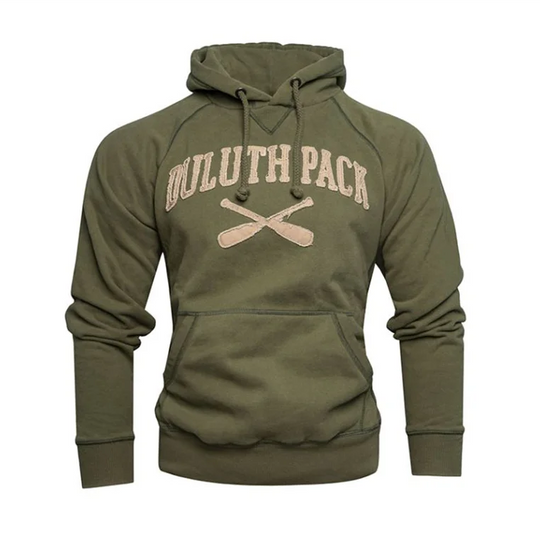 X-Paddle Raw Edge Hooded Sweatshirt in olive green with paddle design, crafted by LAKESHIRTS, INC. for durable outdoor apparel and rugged adventure use.