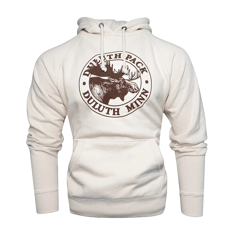 Duluth Pack Logo Sweatshirt in soft cream color with brown iconic moose logo, cozy hooded pullover by LAKESHIRTS, INC., ideal for outdoor apparel and casual wear.