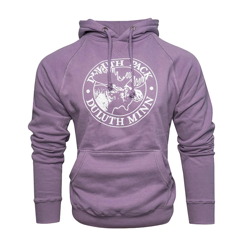 Duluth Pack Logo Sweatshirt in soft purple with iconic logo print, cozy hood with drawstring, ideal for outdoor apparel by LAKESHIRTS, INC.