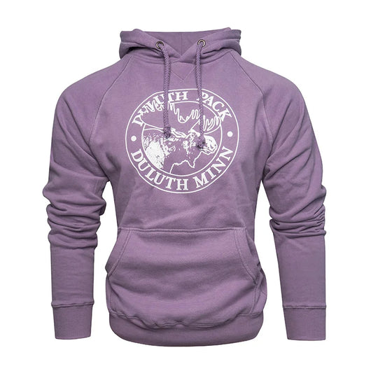 Duluth Pack Logo Sweatshirt in soft purple with iconic logo print, cozy hood with drawstring, ideal for outdoor apparel by LAKESHIRTS, INC.