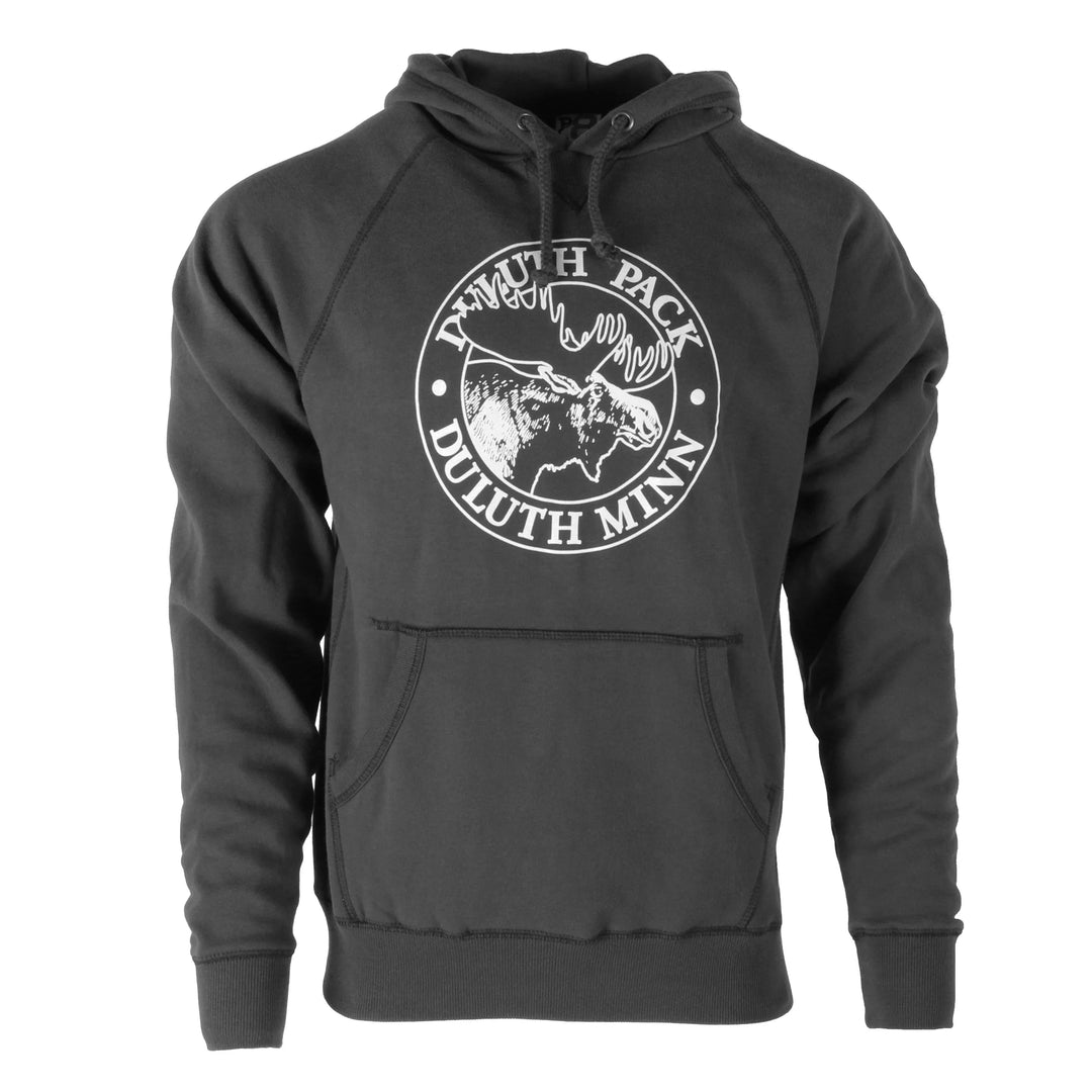 Duluth Pack Logo Sweatshirt in charcoal gray with iconic logo print, soft cotton blend, hooded with drawstring, ideal for outdoor apparel by LAKESHIRTS, INC.
