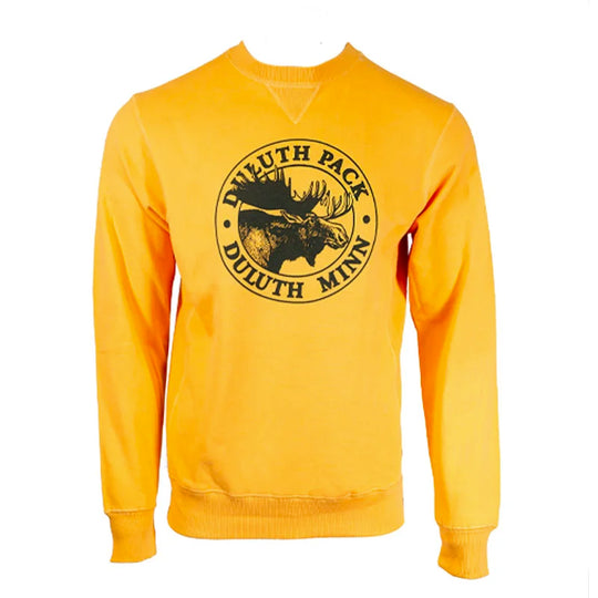 Duluth Pack Logo Crewneck in vibrant gold featuring a bold moose logo, made by LAKESHIRTS, INC., perfect for casual outdoor and everyday wear.