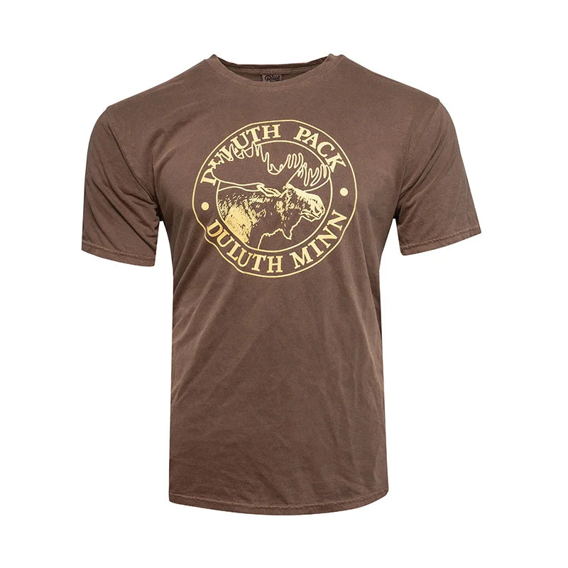 Duluth Pack Short Sleeved Logo T-Shirt in brown with classic logo print, made of 100% cotton by LAKESHIRTS, INC., perfect for casual outdoor wear.