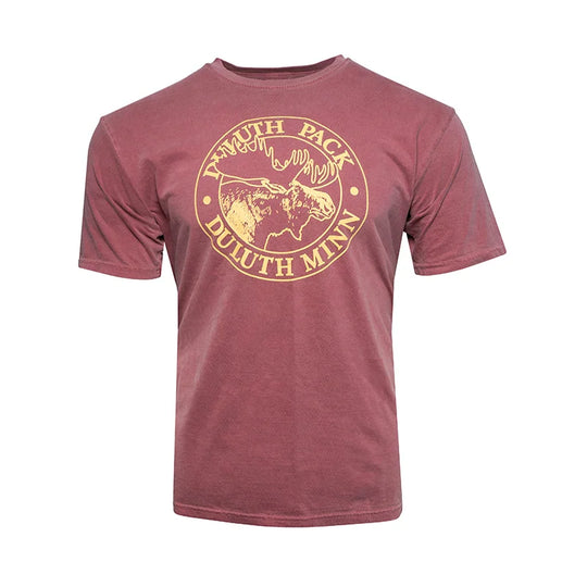 Duluth Pack Short Sleeved Logo T-Shirt in maroon color with classic logo print, made by LAKESHIRTS, INC., featuring a comfortable loose fit for casual outdoor wear.