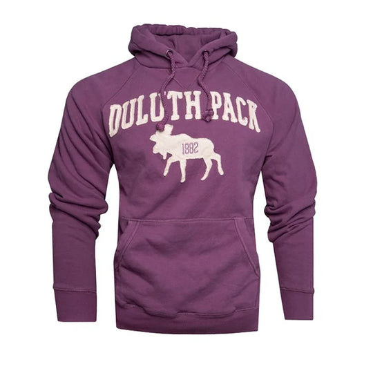 Duluth Pack 1882 Moose Hooded Sweatshirt in Port with white background