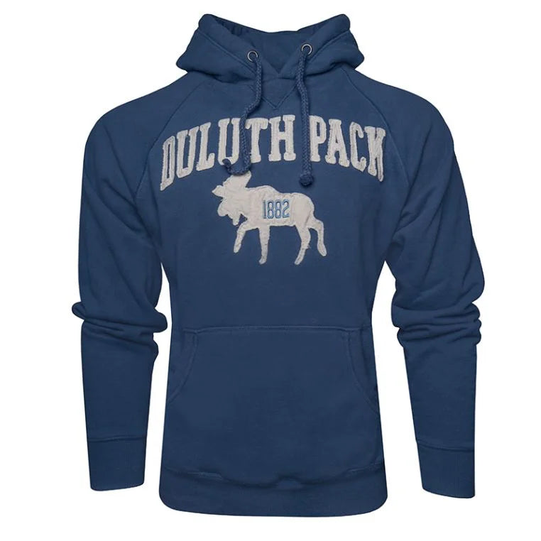 Duluth Pack 1882 Moose Hooded Sweatshirt in navy blue with embroidered moose graphic and classic pouch pocket, crafted by LAKESHIRTS, INC. for outdoor use.