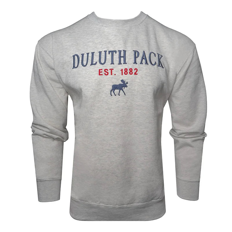 Duluth Pack Vintage Moose Crewneck in light heather gray featuring iconic moose embroidery, offering a comfortable loose fit for casual or outdoor wear by LAKESHIRTS, INC.