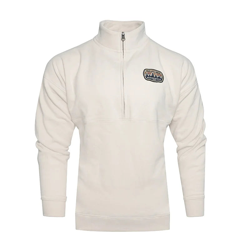 Duluth Pack Quarter Zip White Sunrest Logo