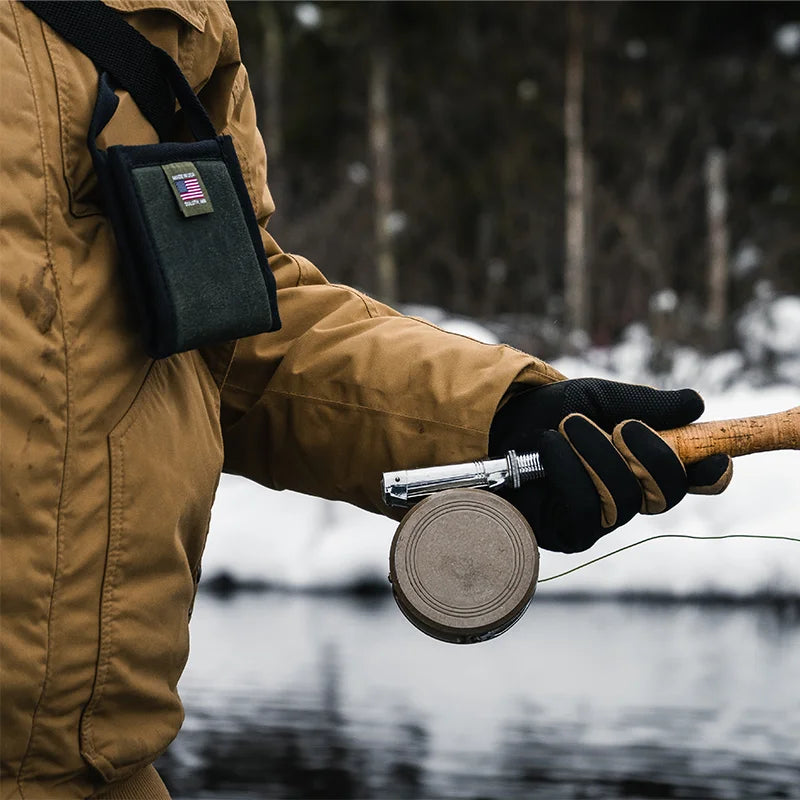 Bi-Fold Fly Wallet in Waxed Olive Drab fly fishing in winter