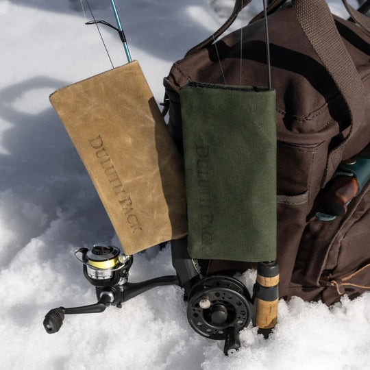 Two Duluth Pack Lure Locker in Waxed Khaki and Olive Drab out ice fishing