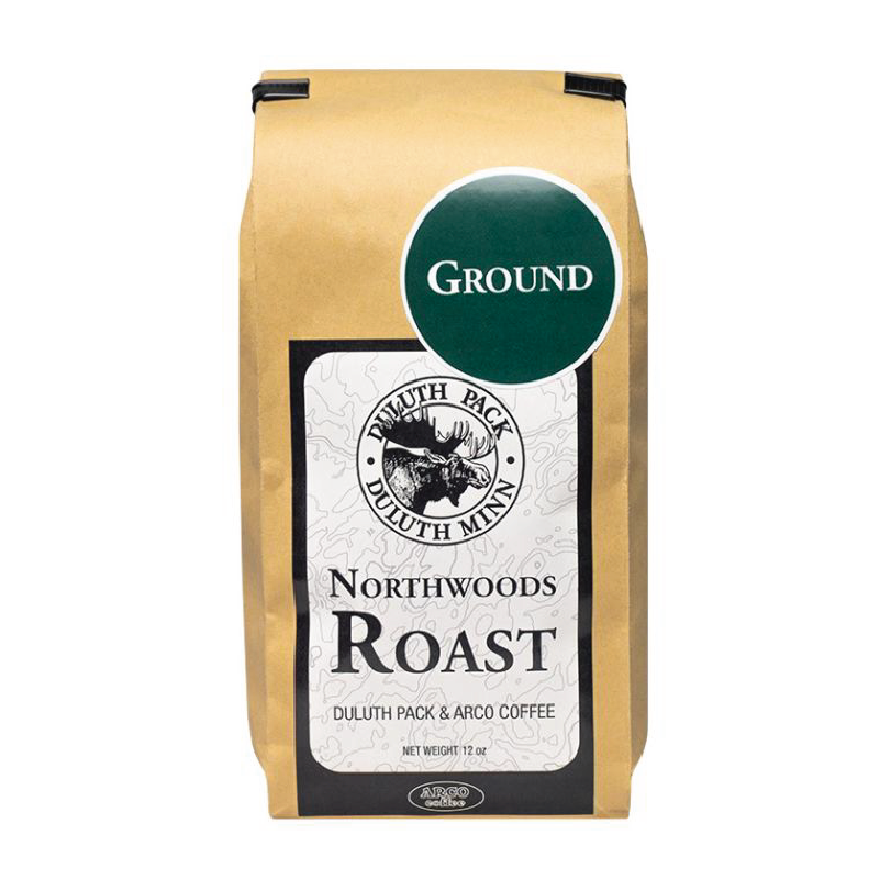 Northwoods Roast ground coffee with Duluth Pack logo featuring a moose and text indicating Duluth Minn. and Arco Coffee.