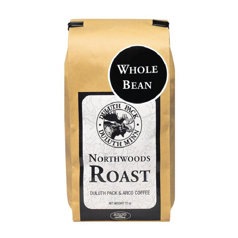 Northwoods Roast coffee with Duluth Pack logo featuring a moose and black and white label design.