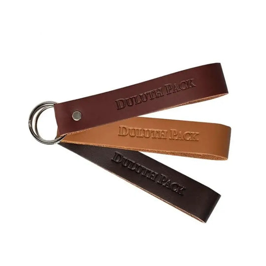 Duluth Pack Leather Keychain in tan, brown, and black leather with white background