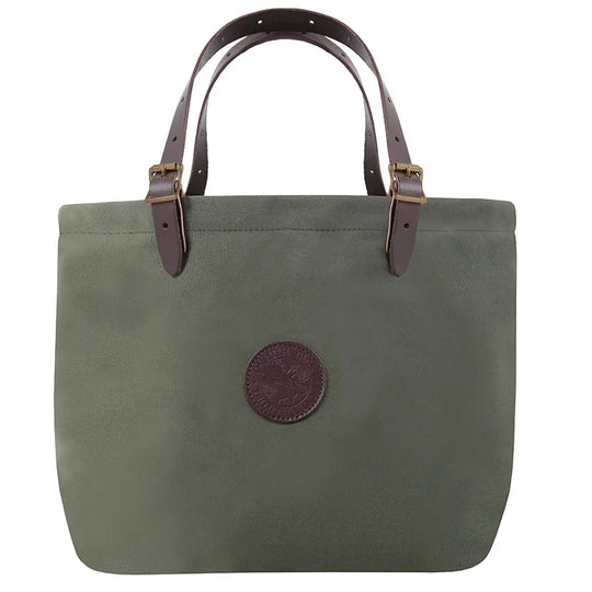 Market Tote in Olive Drab with adjustable leather handles and antique brass hardware, crafted for rugged outdoor use and long-lasting durability.