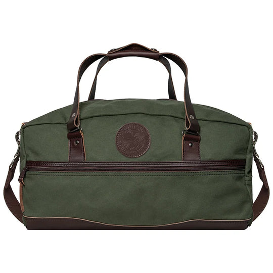 Weekender Duffel in Olive Drab with handcrafted leather accents by Duluth Pack, designed for durable, rugged outdoor and travel use.