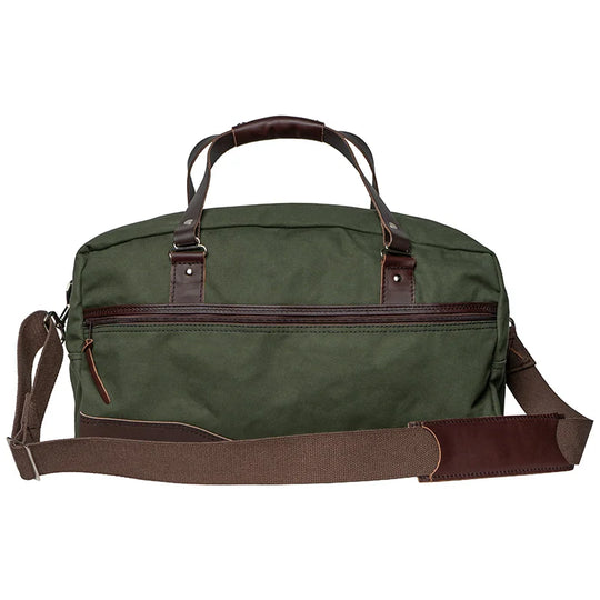 Weekender Duffel in Olive Drab with leather handles and reinforced canvas, designed by Duluth Pack for durable outdoor travel and rugged use.