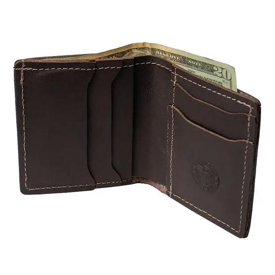 Duluth Pack Leather Bifold Wallet in brown open with white background
