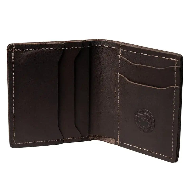 Duluth Pack Leather Bifold Wallet in brown open with white background