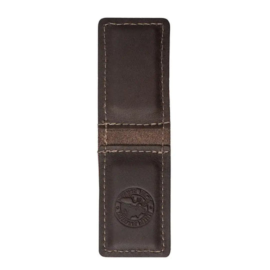 Duluth Pack Magnetic Money Clip Wallet in brown open with a white background