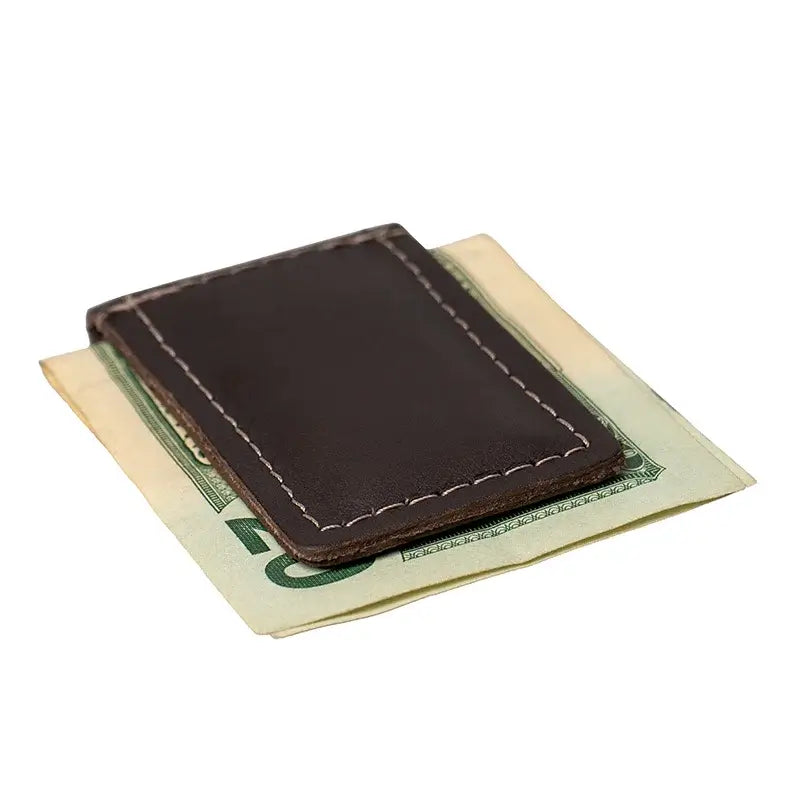 Duluth Pack Magnetic Money Clip Wallet in brown closed with a white background