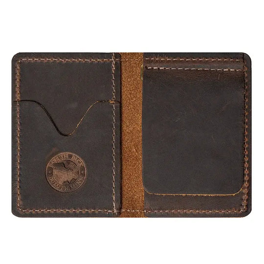 Duluth Pack Money Clip Wallet in brown open with white background